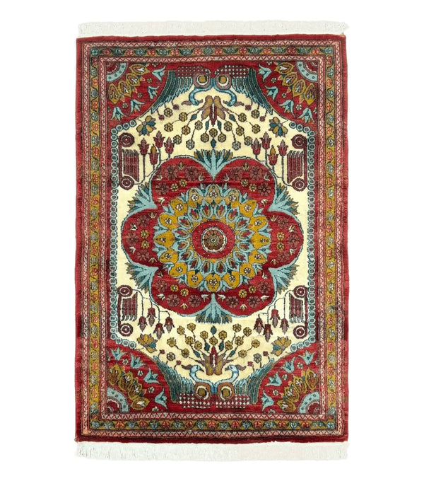Persian Bijar Rug 2.6 x 4, Antique Carpet, Brick Red and Ivory