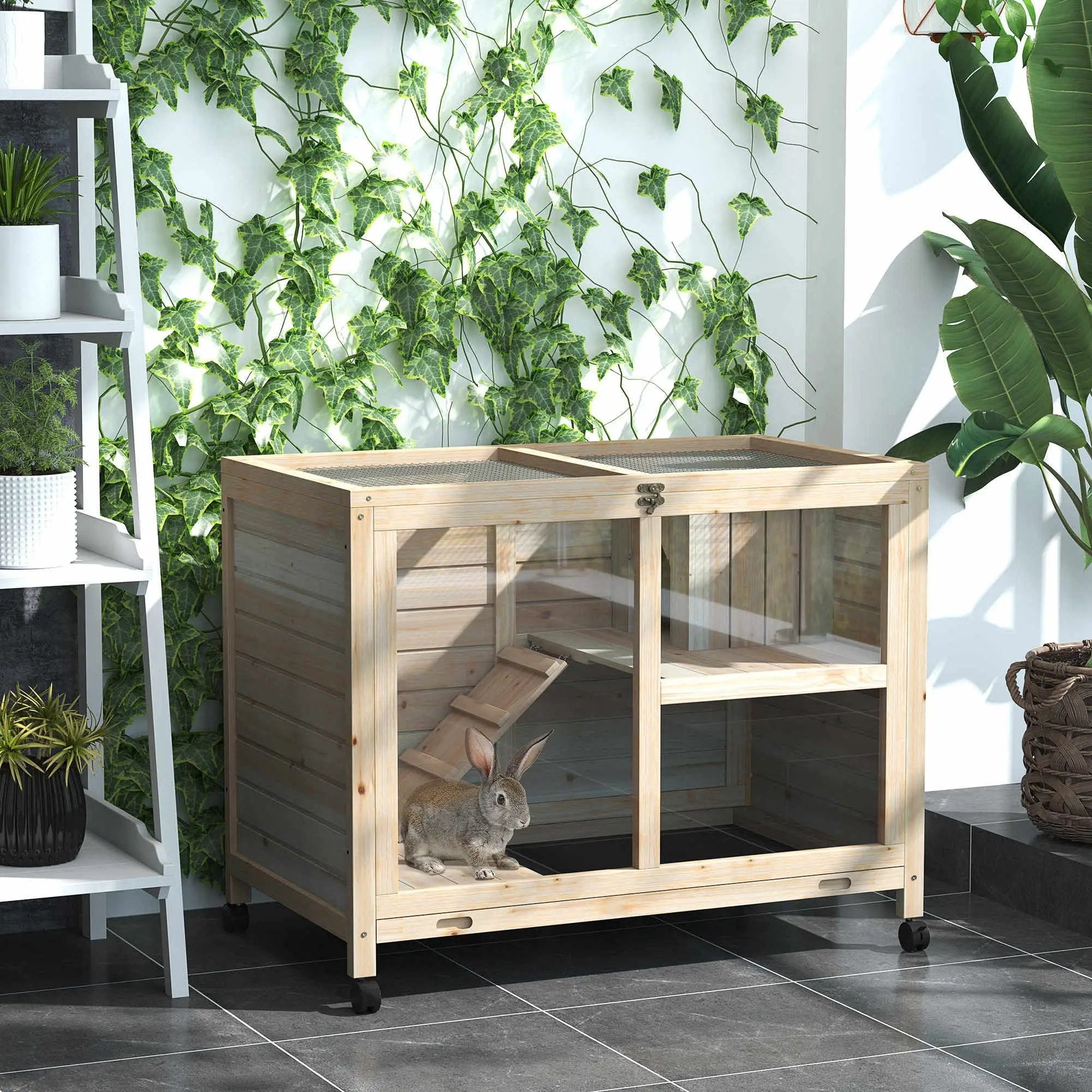 Pawhut - Indoor Rabbit Hutch With Wheels, Desk And Side Table Sized, Wood Rabbit Cage, Waterproof Small Rabbit Cage - Natural by HouseOfZazla