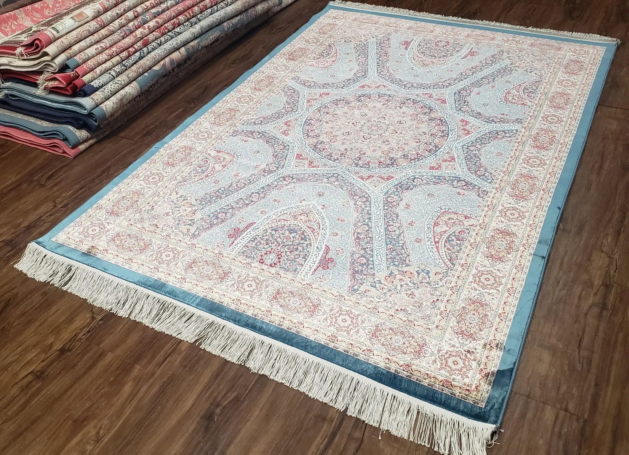4x6 Silk Carpet, Light Blue & Beige Oriental Rug 4 x 6ft, Traditional Design Medallion All Over, Bamboo Silk, Super Fine, High Quality, Soft by Jewel Rugs