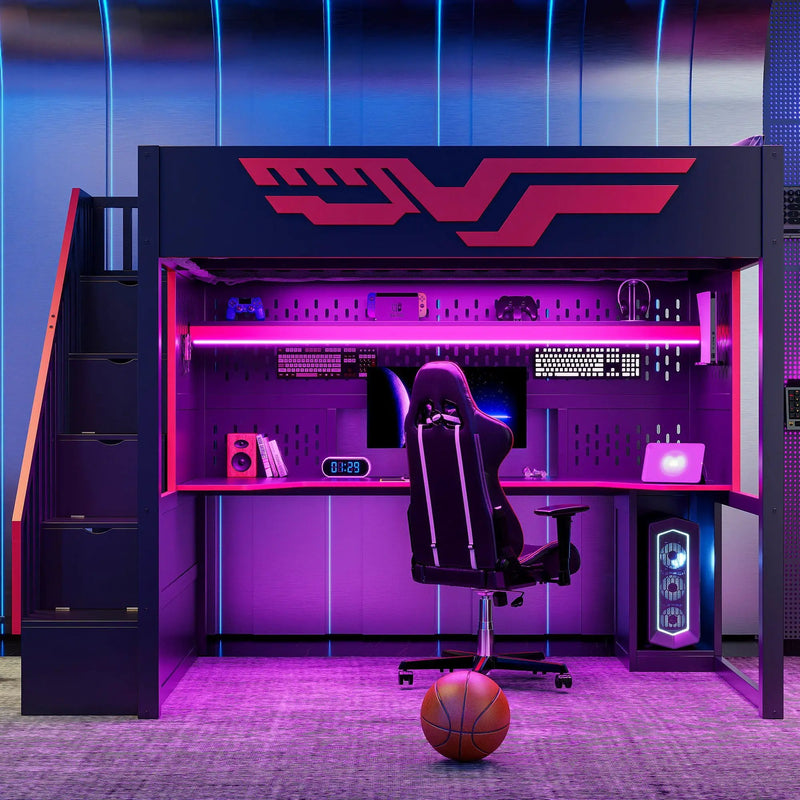 Full Gaming Loft Bed With Desk And Storage Staircase, LED Lights And USB - Red / Black by HouseOfZazla