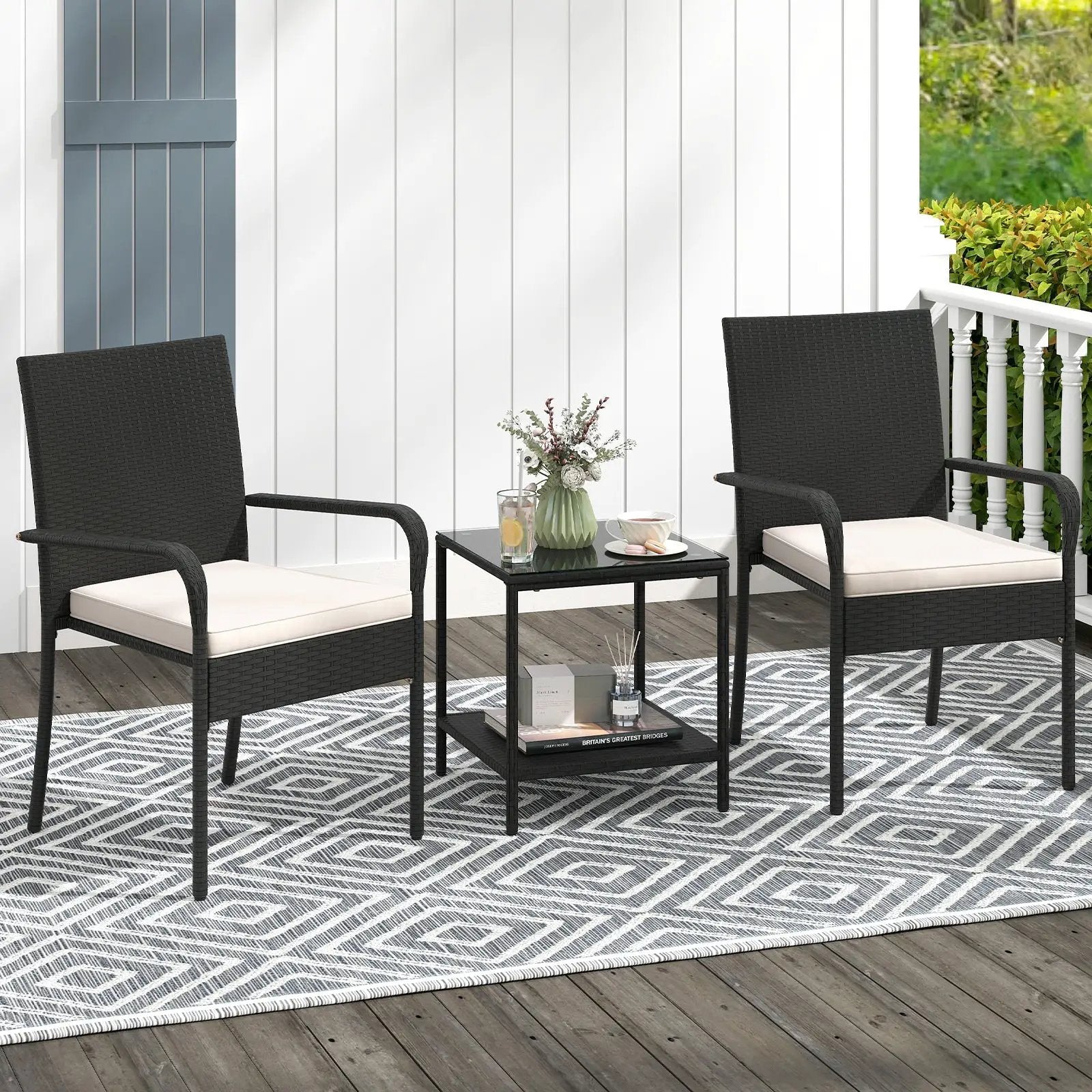 3 Piece Patio Furniture Set with Seat Cushions and Tempered Glass Tabletop by DirectDeals
