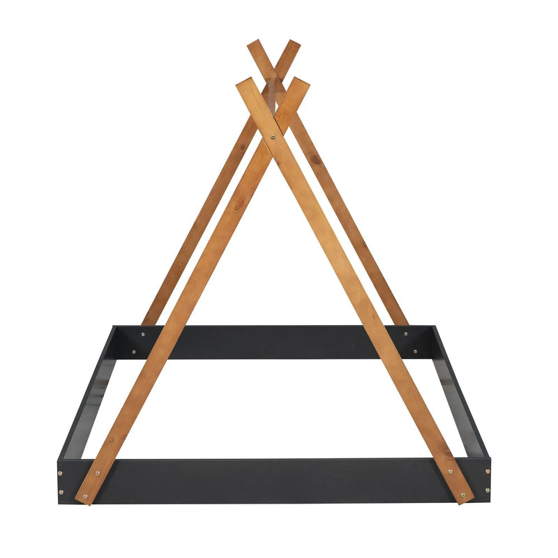 Full Size Tent Floor Bed With Triangle Structure, Low Profile Design - Black / Brown by HouseOfZazla