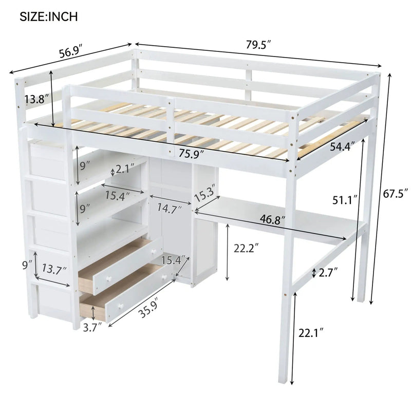 Loft Bed With Built In Wardrobe, Desk, Shelves And Drawers