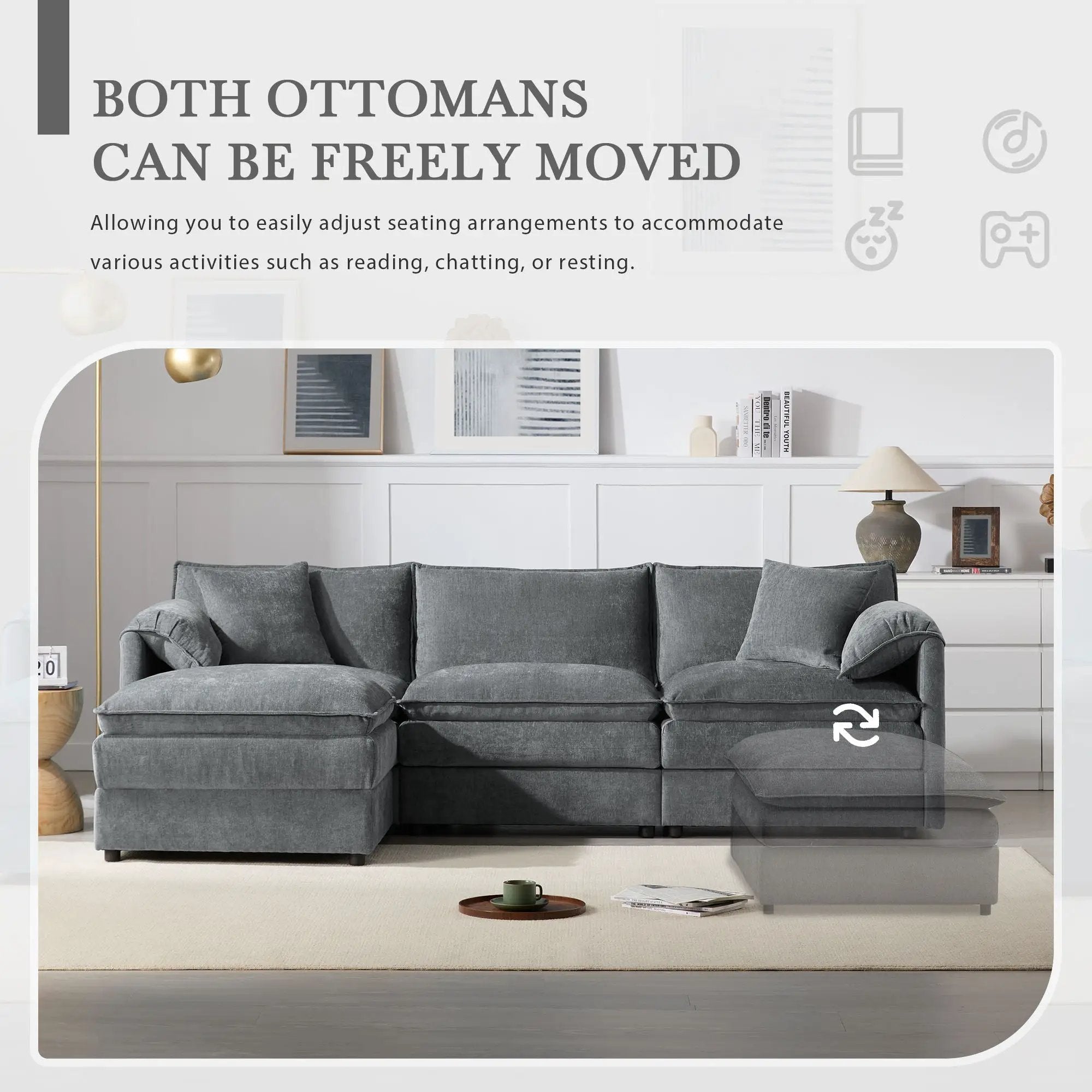 Modular Sectional With Deep And Wide Seat, Cloud Couch Set With Double Cushions Sofa With Movable Ottoman by Unique Piece Furniture