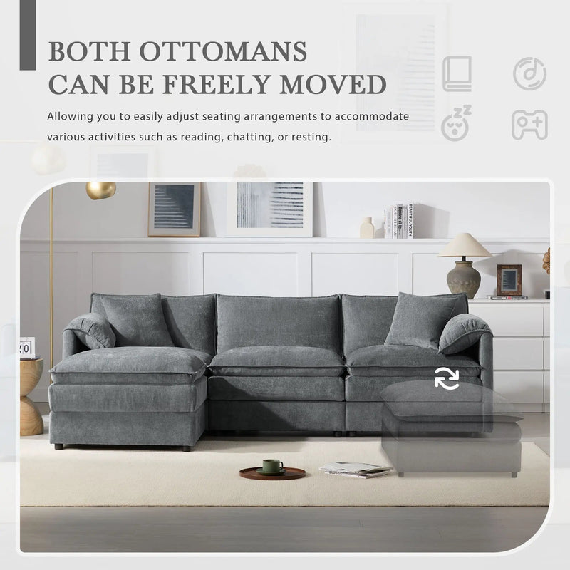 Modular Sectional With Deep And Wide Seat, Cloud Couch Set With Double Cushions Sofa With Movable Ottoman by HouseOfZazla