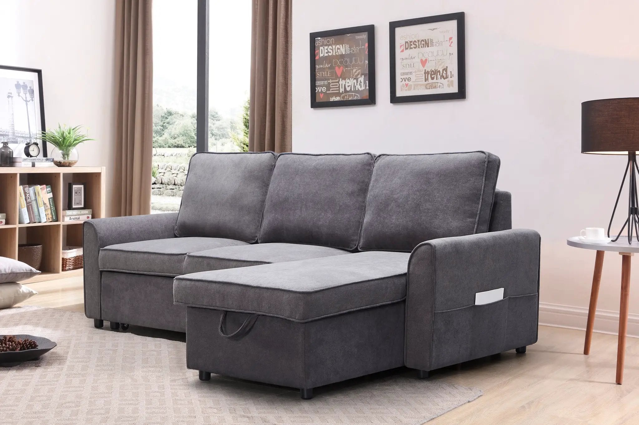 Modern Modular L-Shaped Sofa Bed with Chaise Dark Grey Linen by HouseOfZazla