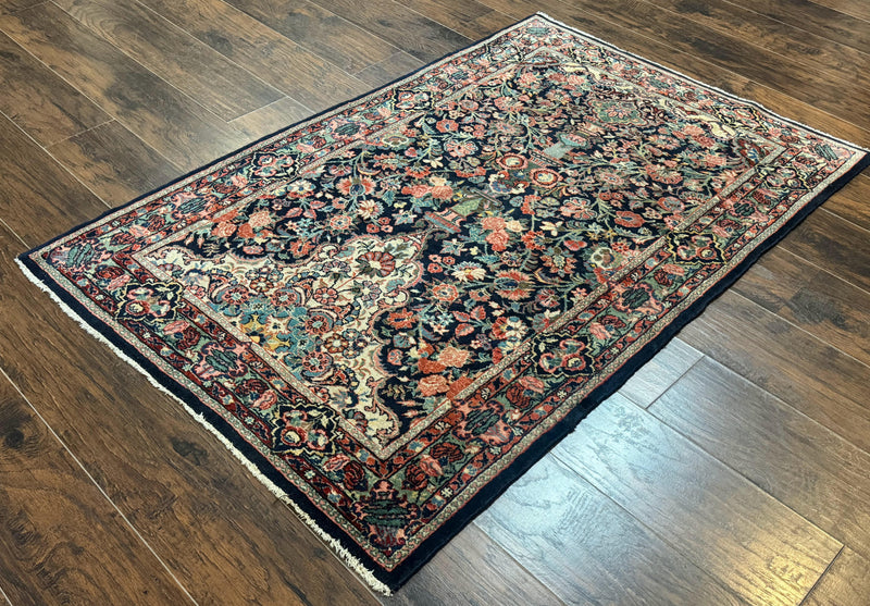 Antique Persian Rug 4x5, Navy Blue 1920s Carpet, Wool, Rare, Fine, Persian Hamadan Bidjar Carpet by Jewel Rugs
