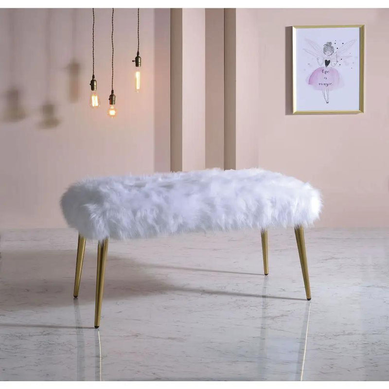 Bagley II - 20" Bench - White Faux Fur & Gold by Unique Piece Furniture