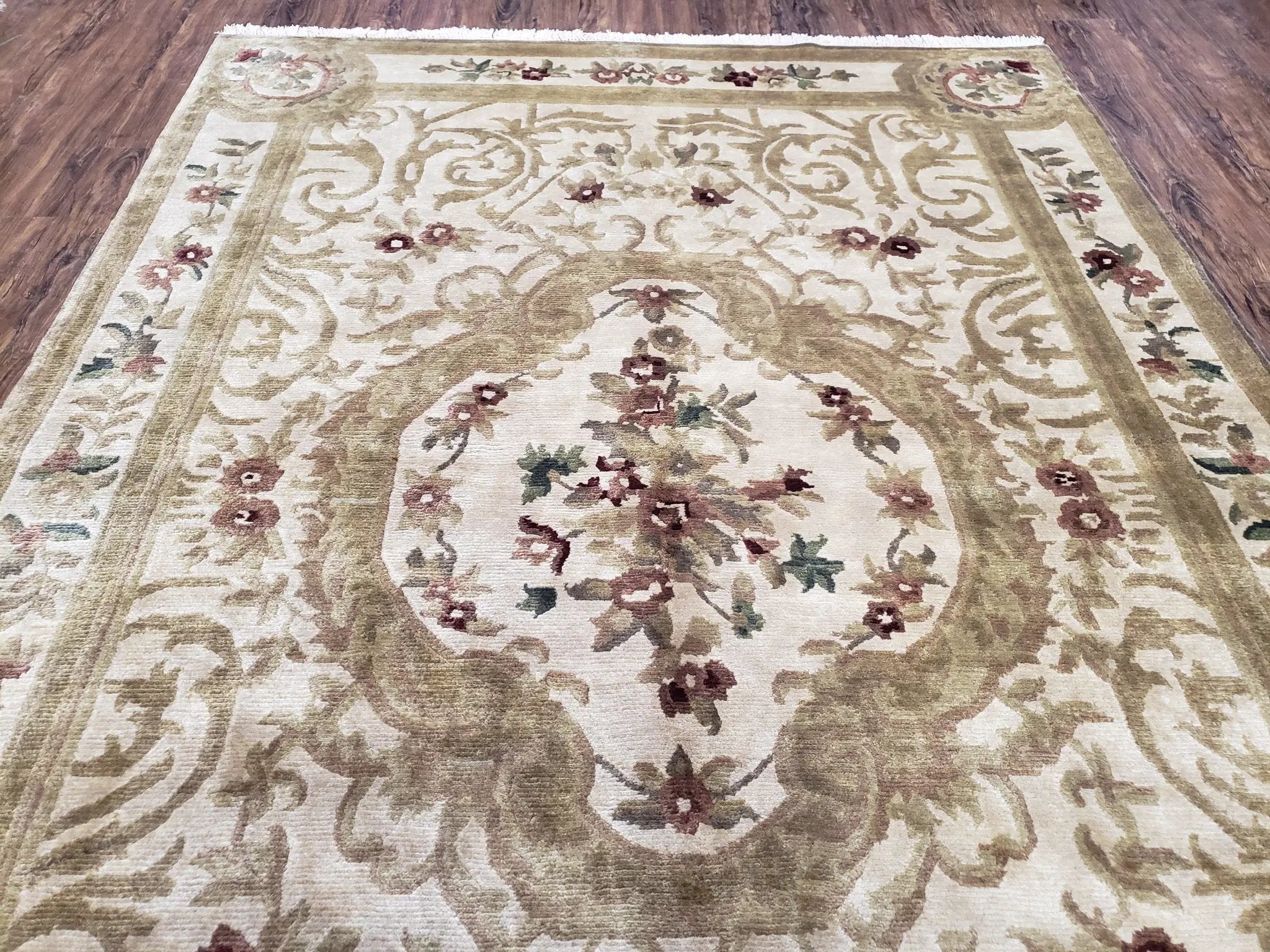 Vintage Nepali Tibetan Aubusson Rug 6x9, Wool Hand-Knotted Cream Beige Carpet, Leaves & Floral Pattern 6 x 9 Soft Area Rug Home Office Rug by Jewel Rugs
