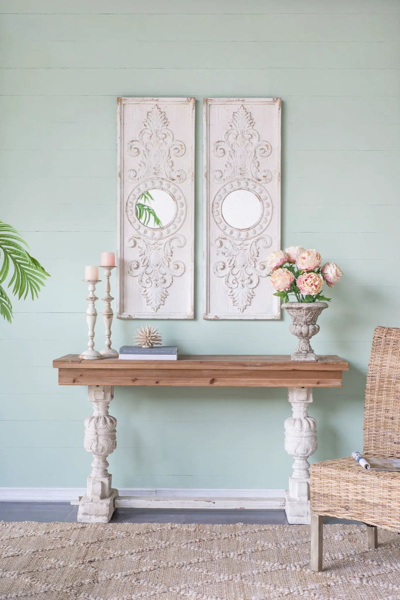 Large Wooden Wall Art Panels With Distressed Round Mirror Accents (Set of 2) - White by HouseOfZazla