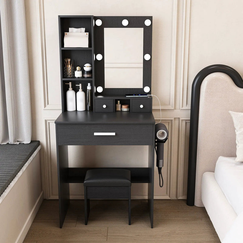 Vanity Table With Mirror, Adjustable LED Lights, Power Outlet, Hairdryer Holder & Stool by Unique Piece Furniture