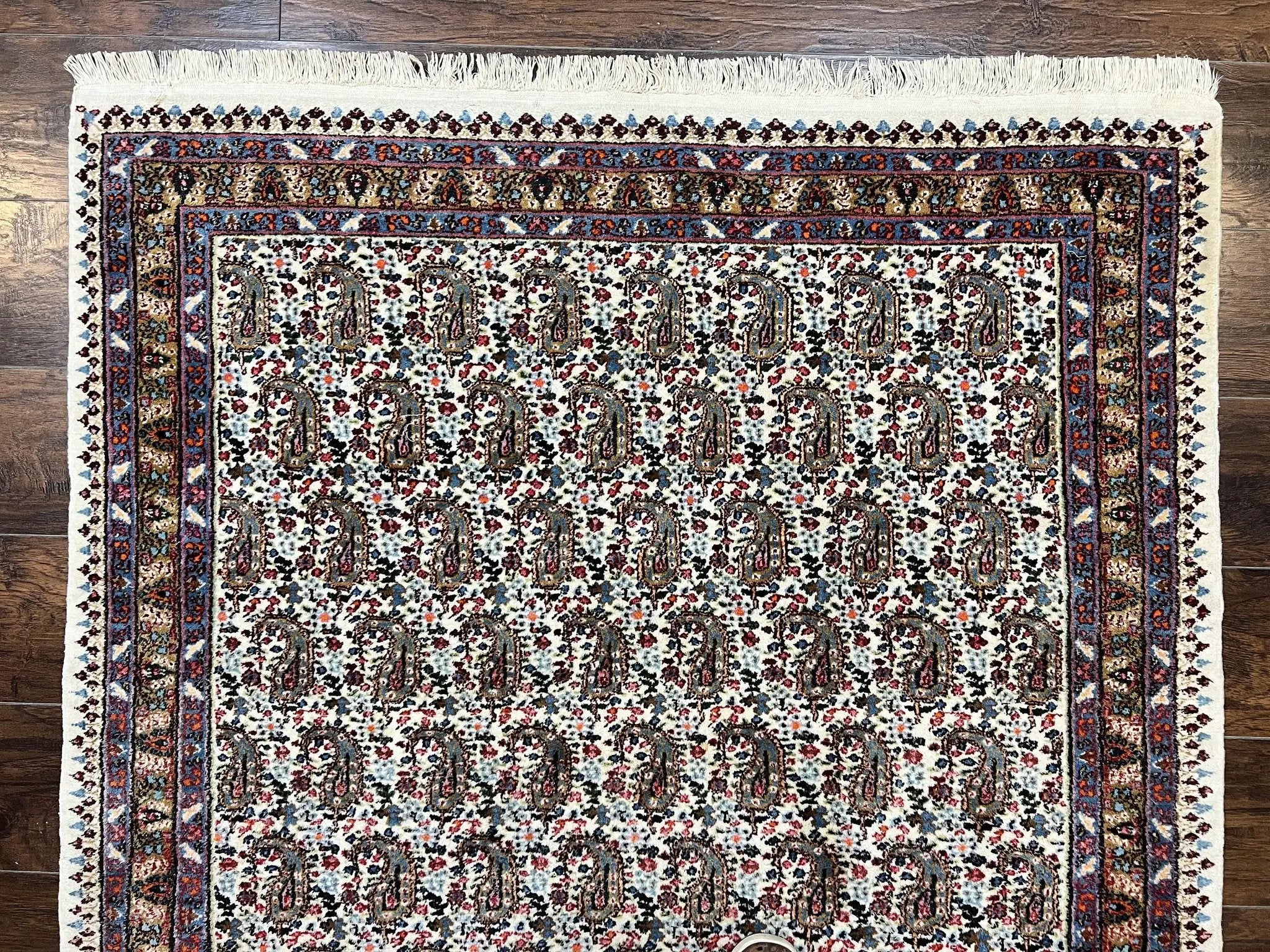 Persian Rug 4x6, Mashad Kashmar Rug, Boteh Paisley Design, Allover Repeated Pattern, Ivory Hand Knotted Vintage Semi Antique Persian Oriental Carpet by Jewel Rugs