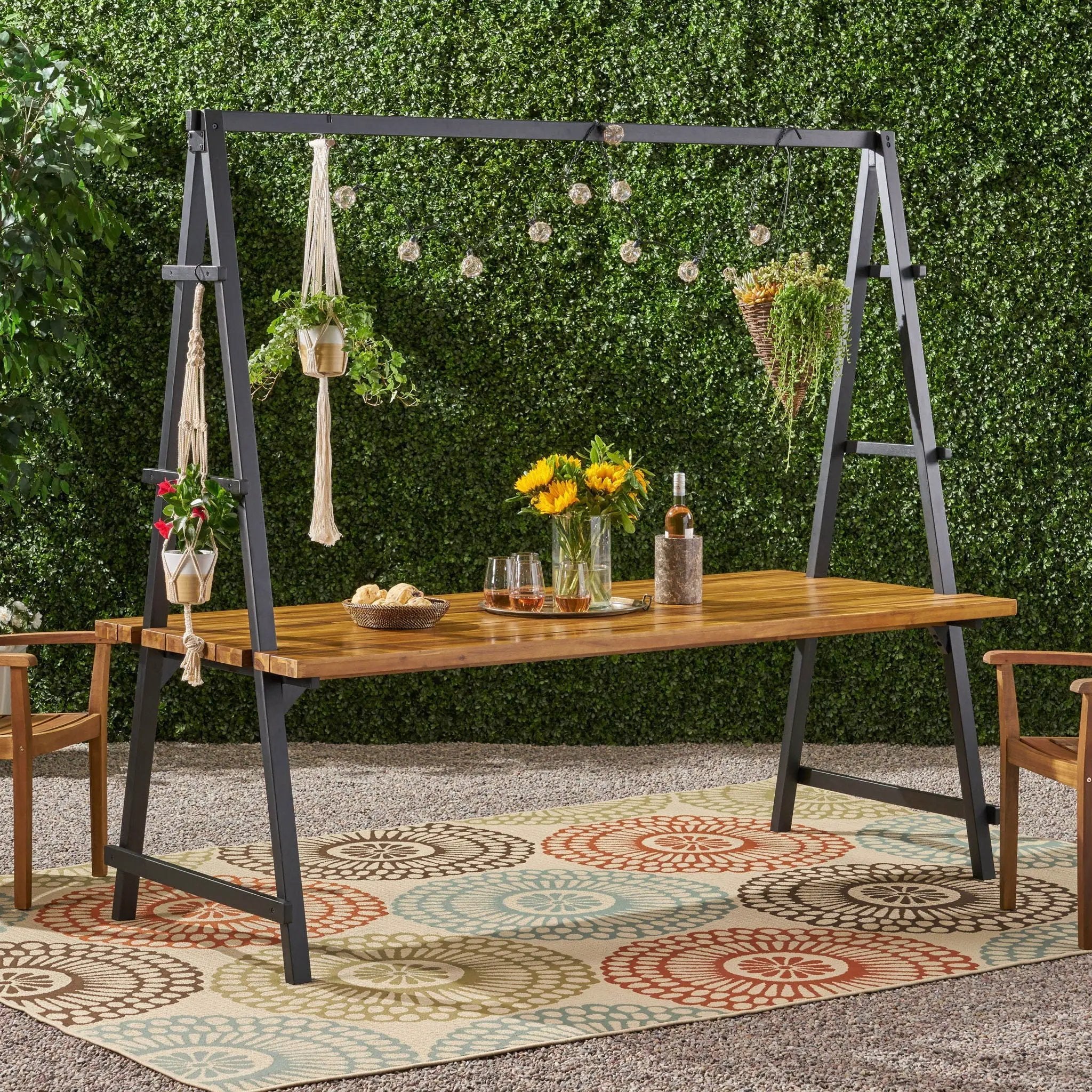 Huckleberry - Acacia Wood Outdoor Dining Table with Plant Hanger - Teak by HouseOfZazla