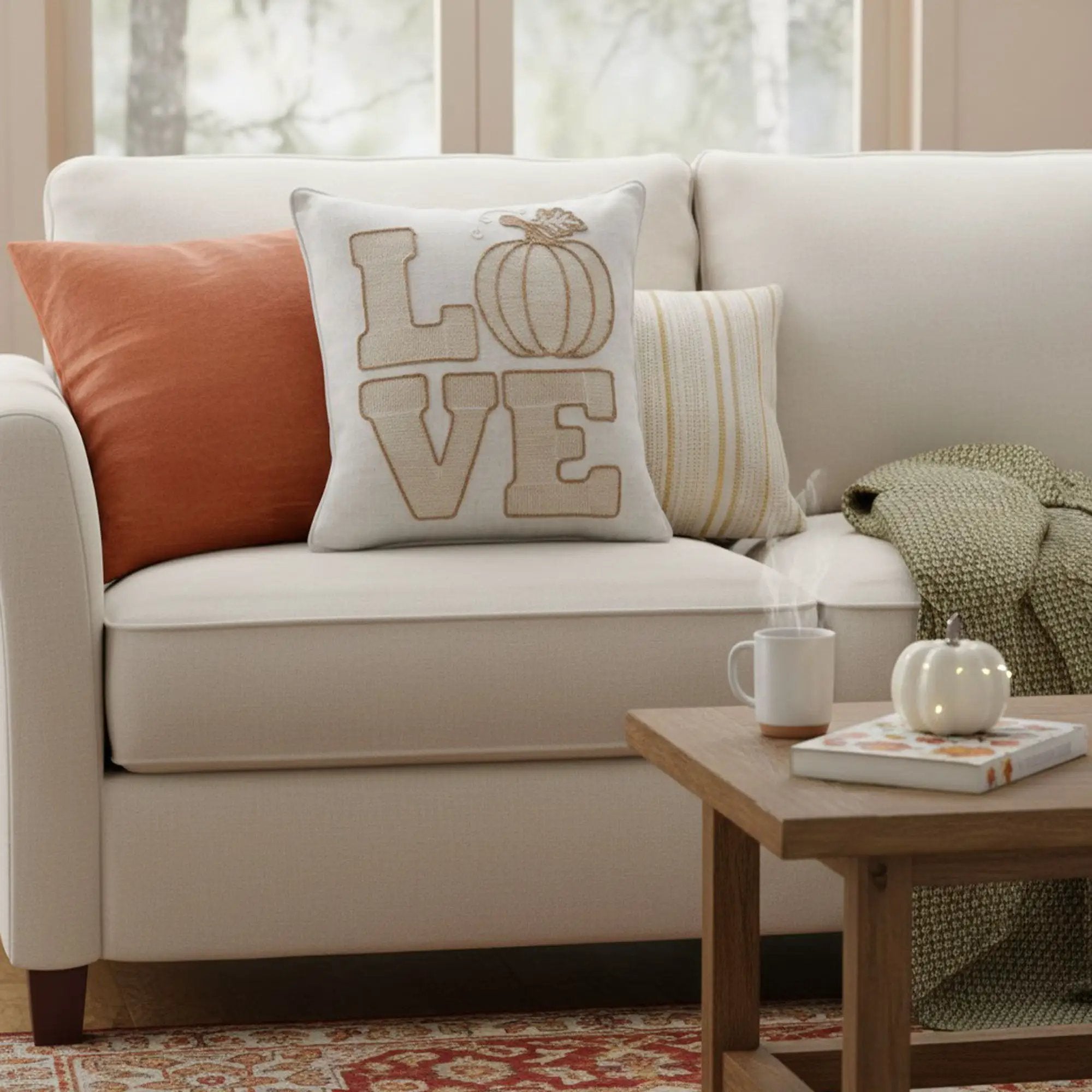 Love Pumpkin Embroidered Throw Pillow - Natural by Unique Piece Furniture