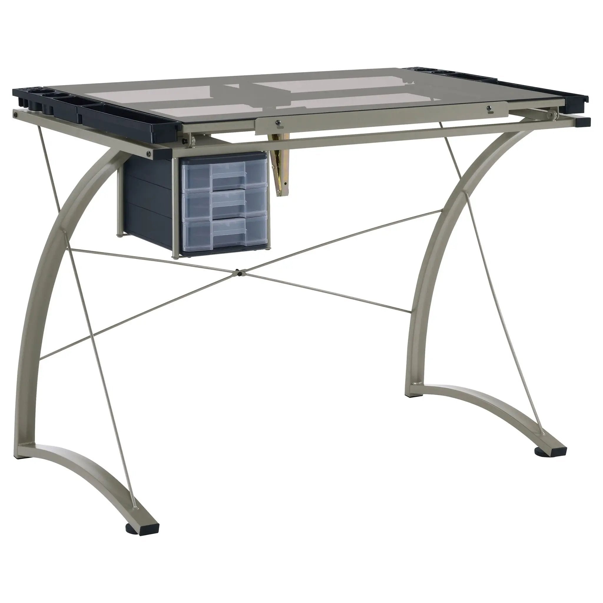 Melo 41-inch Glass Top Drafting Table with Storage Silver by Unique Piece Furniture