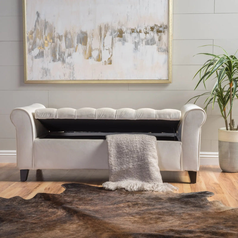 Ivory Fabric Storage Bench with Rolled Arms by HouseOfZazla