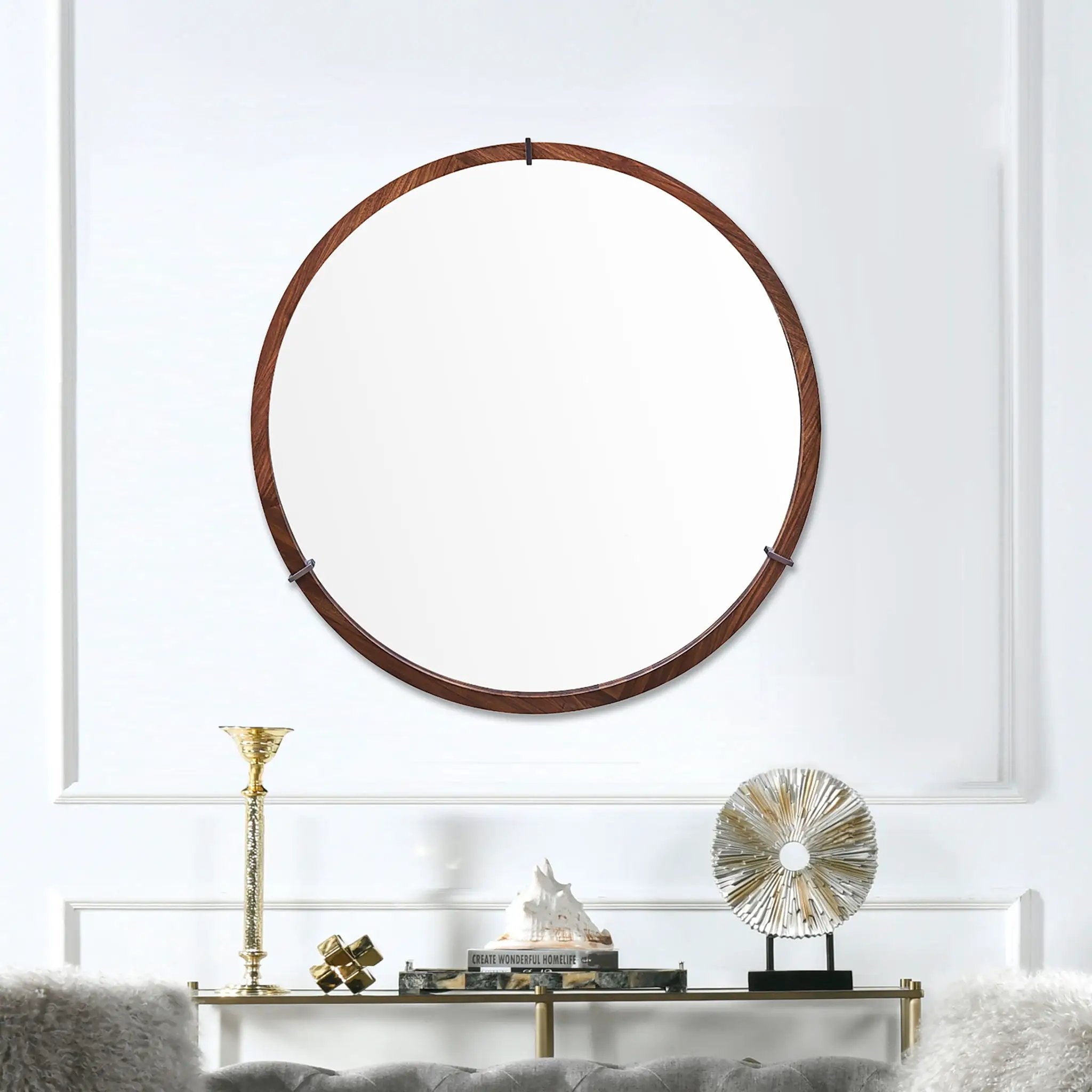 Hausen - Mid-Century Modern Round Accent Wall Mirror - Brown Walnut by HouseOfZazla