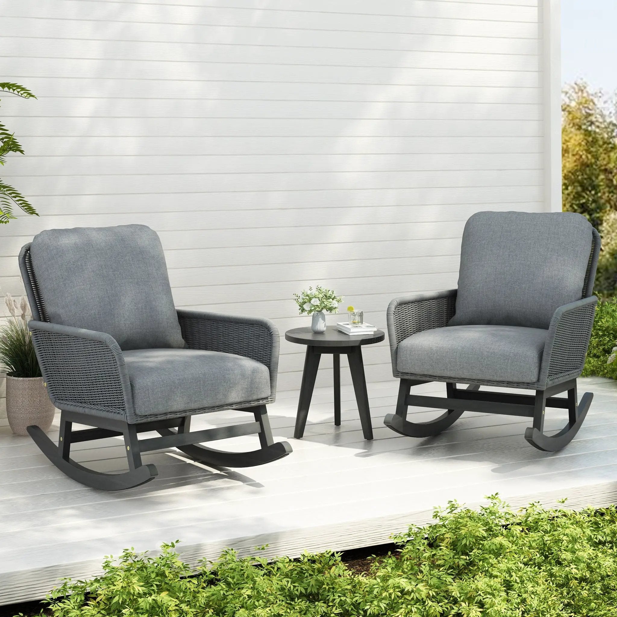 Modern 3 Piece Outdoor Seating Set with Cushioned Rattan Rocking Chairs and Wooden Accent Table by HouseOfZazla