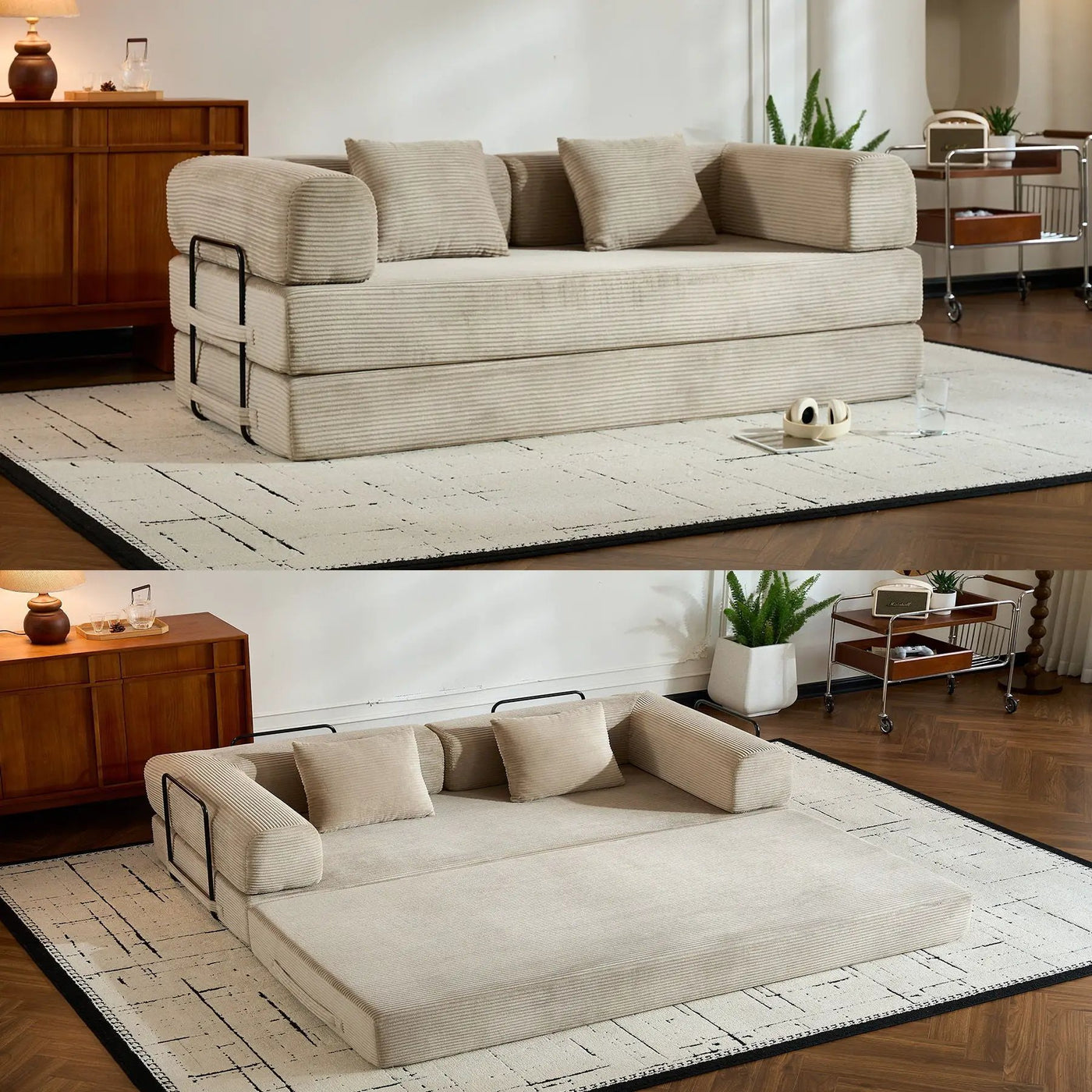 Convertible Sleeper Sofa Bed With Cylindrical Pillow, With Fixed Shape Frame by Unique Piece Furniture