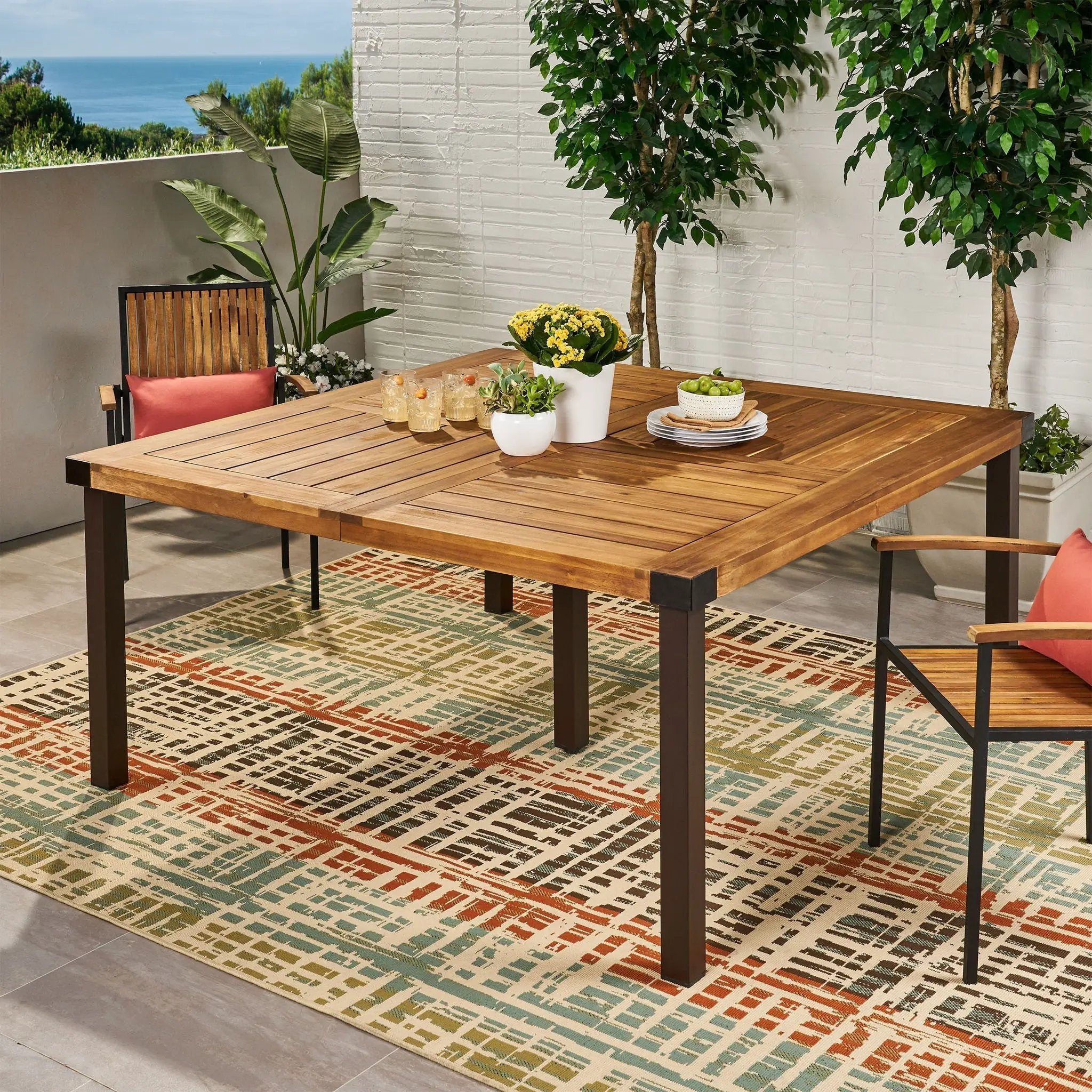 Lankershim Modern Industrial Dining Table With Acacia Wood Slat Design - Teak by HouseOfZazla