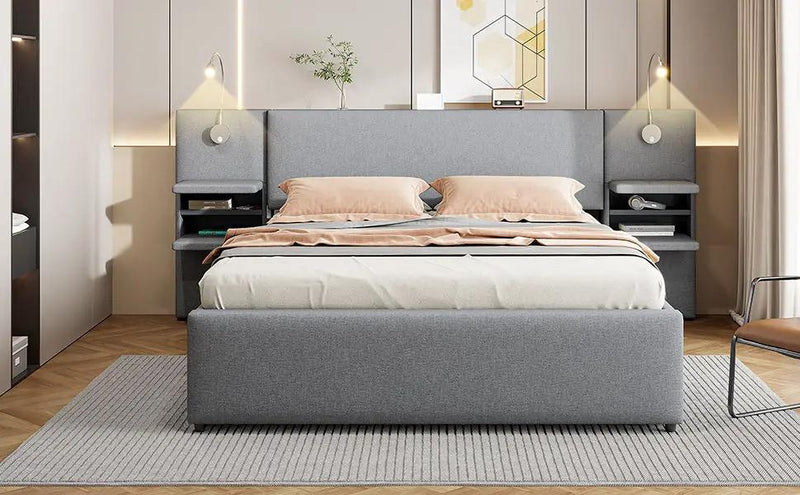 Upholstered Platform Bed With Reading Lights, Drawers, Trundle And Shelves by HouseOfZazla