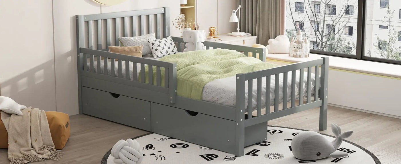 Platform Bed With Guardrails On Both Sides And 2 Storage Drawers by HouseOfZazla