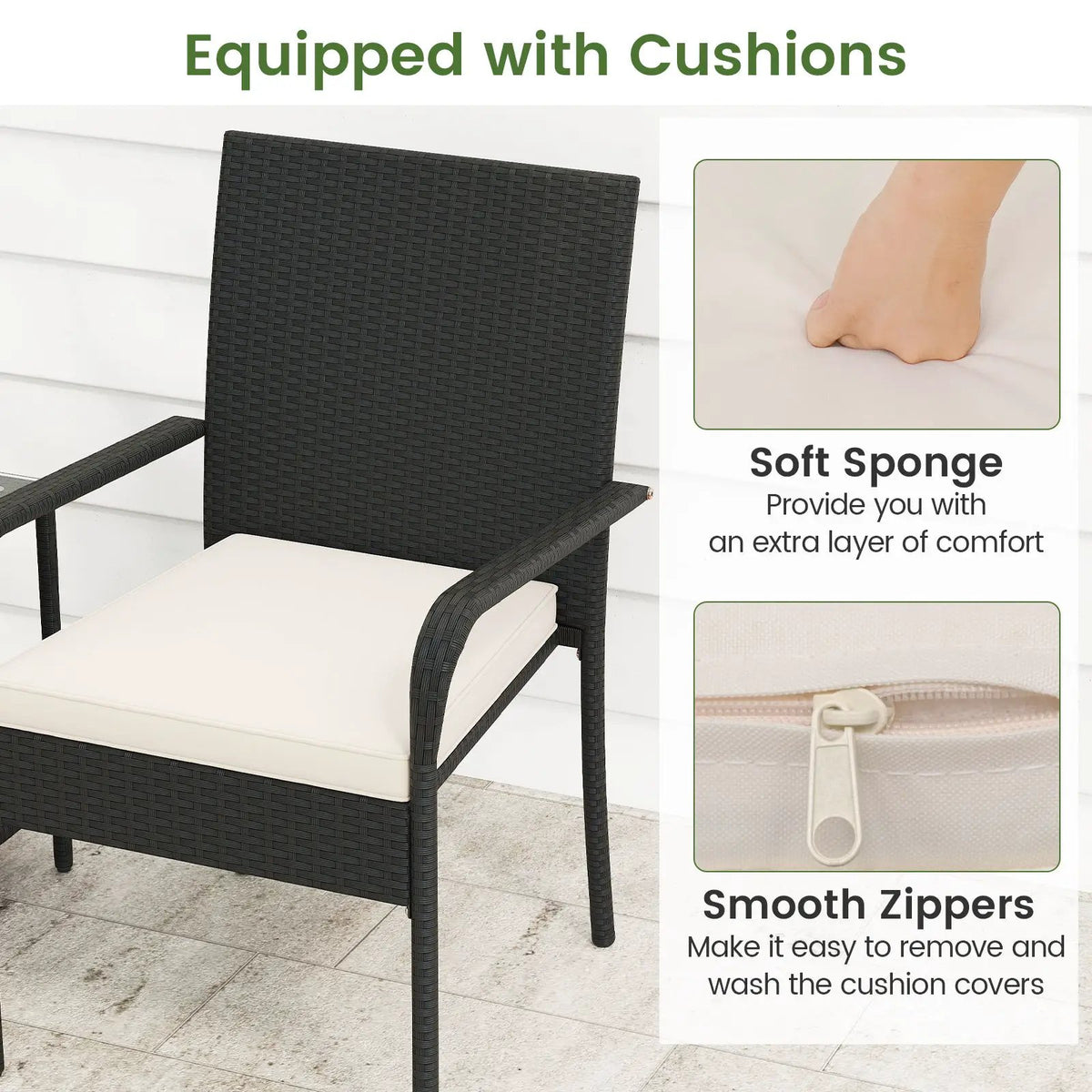 3 Piece Patio Furniture Set with Seat Cushions and Tempered Glass Tabletop, photo 23 of 24