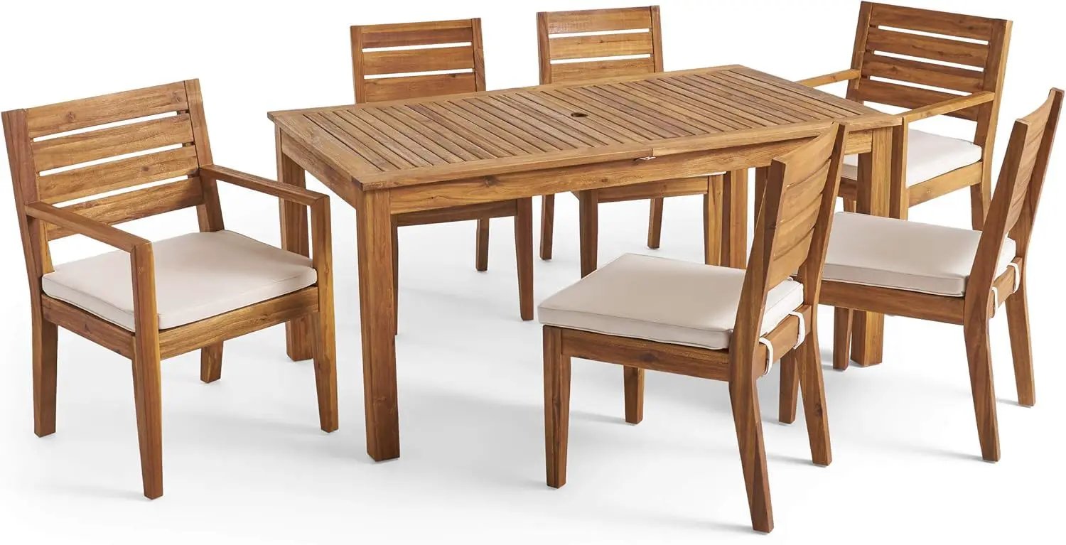 Outdoor 6 Seater Expandable Dining Set With Cushions - Sandblasted Natural / Beige by HouseOfZazla