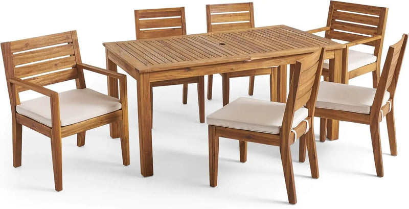 Outdoor 6 Seater Expandable Dining Set With Cushions - Sandblasted Natural / Beige by HouseOfZazla