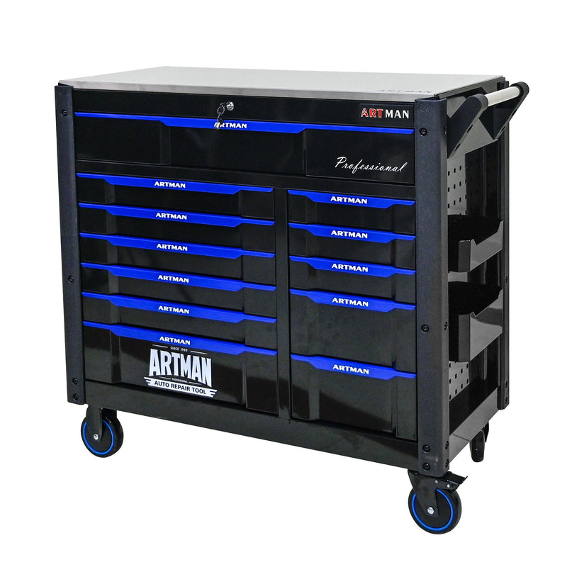12 Layer Drawer Multi Purpose Tool Cart With Wheels And Iron Top - Black / Blue by HouseOfZazla