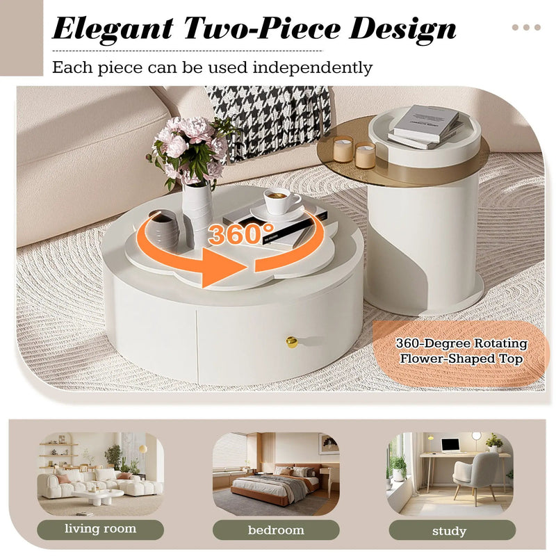 Modern Round Coffee Table (Set of 2), 360 Degree Rotatable Flower Shaped Top With 2 Drawers, Top Circle Side Table End Table With Glass For Living Room - Off White by HouseOfZazla