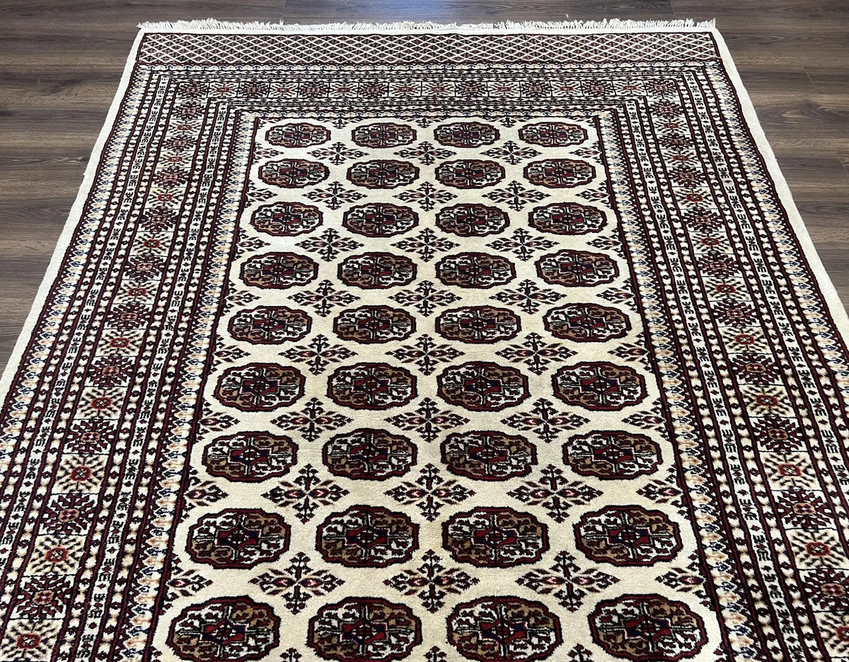 Pakistani Turkoman Rug 6x9, Cream and Red Hand Knotted Wool Oriental Carpet, Yamud Rug, Tribal Rug 6 x 9, Bohemian Area Rug, Bokhara Rug by Jewel Rugs