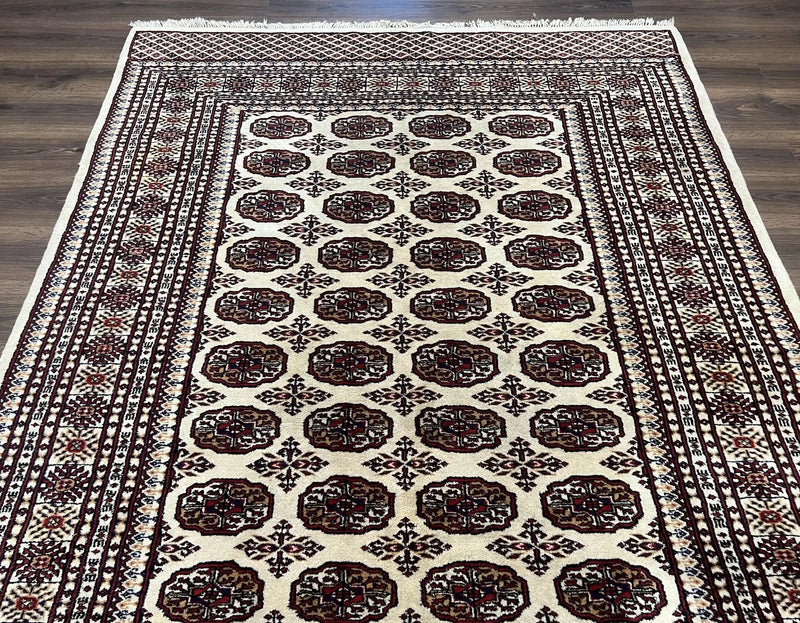 Pakistani Turkoman Rug 6x9, Cream and Red Hand Knotted Wool Oriental Carpet, Yamud Rug, Tribal Rug 6 x 9, Bohemian Area Rug, Bokhara Rug by Jewel Rugs