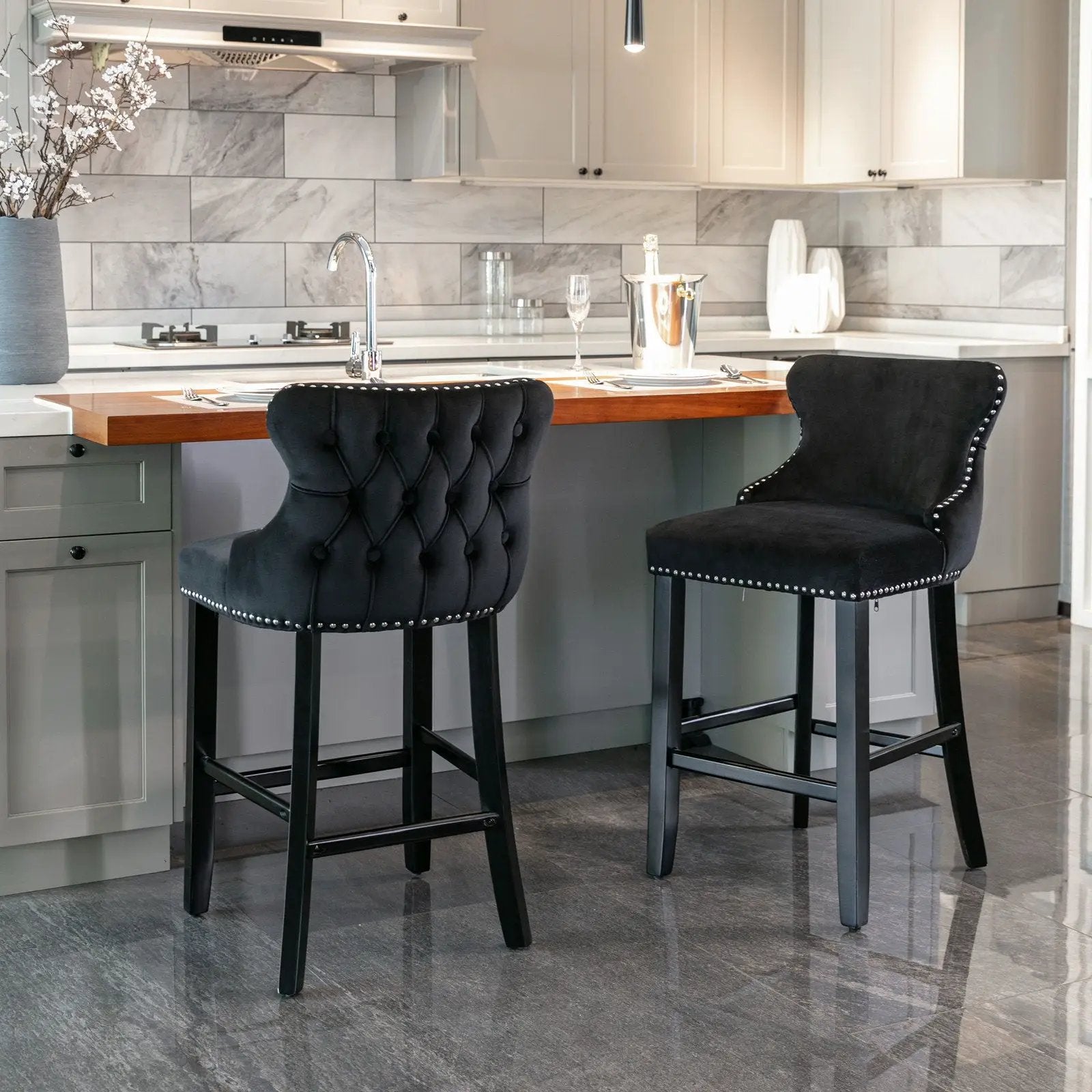 Contemporary Upholstered Wing-Back Barstools With Button Tufted Decoration And Wooden Legs, And Nailhead Trim, Leisure Style Bar Chairs, Bar Stools (Set of 2) by Unique Piece Furniture