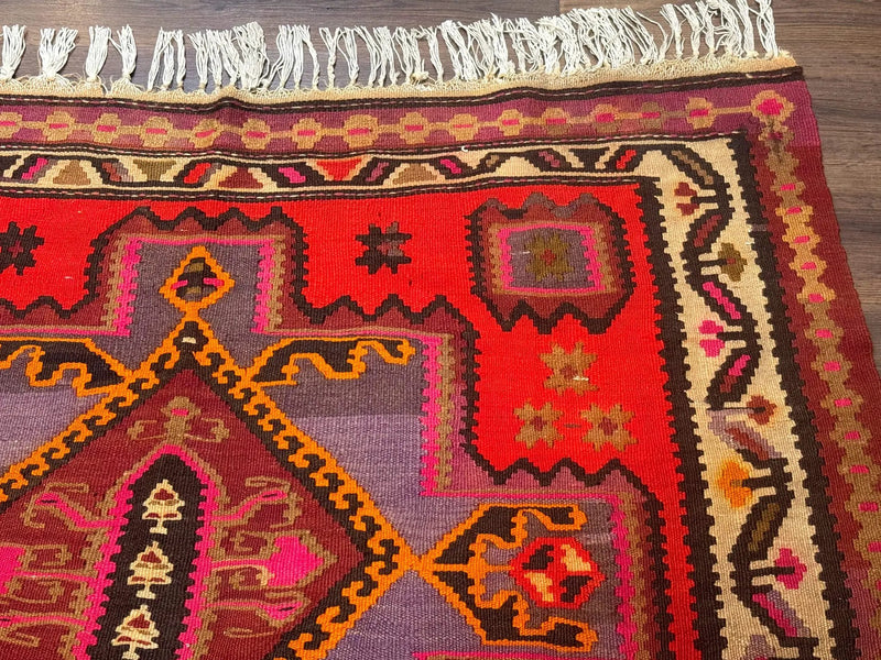 Persian Kurdish Zarand Kilim Rug 5x9, Red, Geometric Medallions, Wide Runner by Jewel Rugs