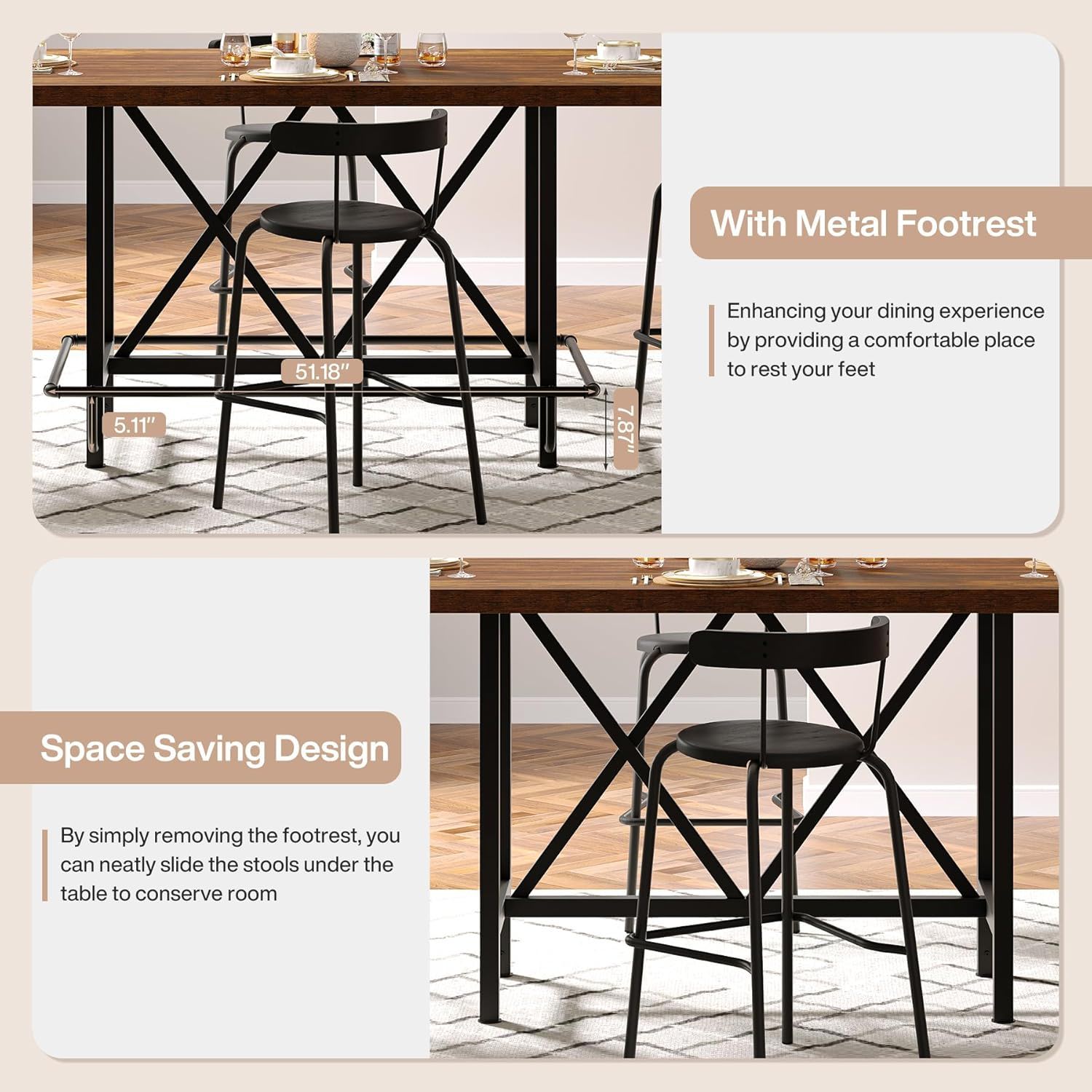 Counter Height Dining Rectangular Kitchen Table For 6 - Brown / Black