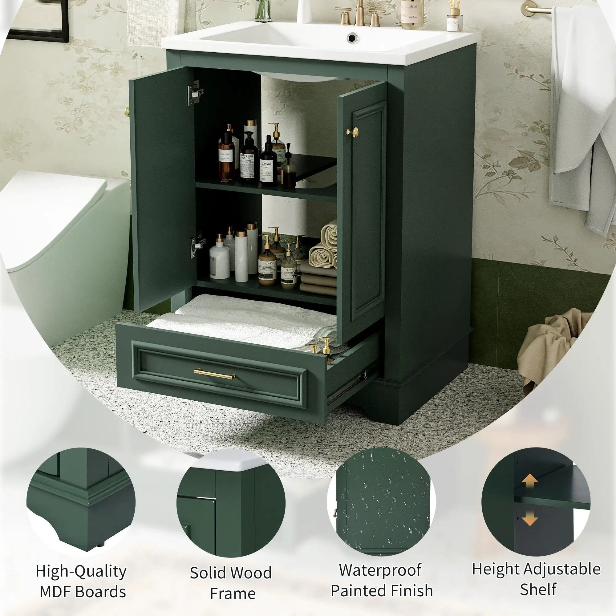 Bathroom Vanity With Ceramic Sink Combo, Modern Freestanding Storage Cabinet With Silver Handles