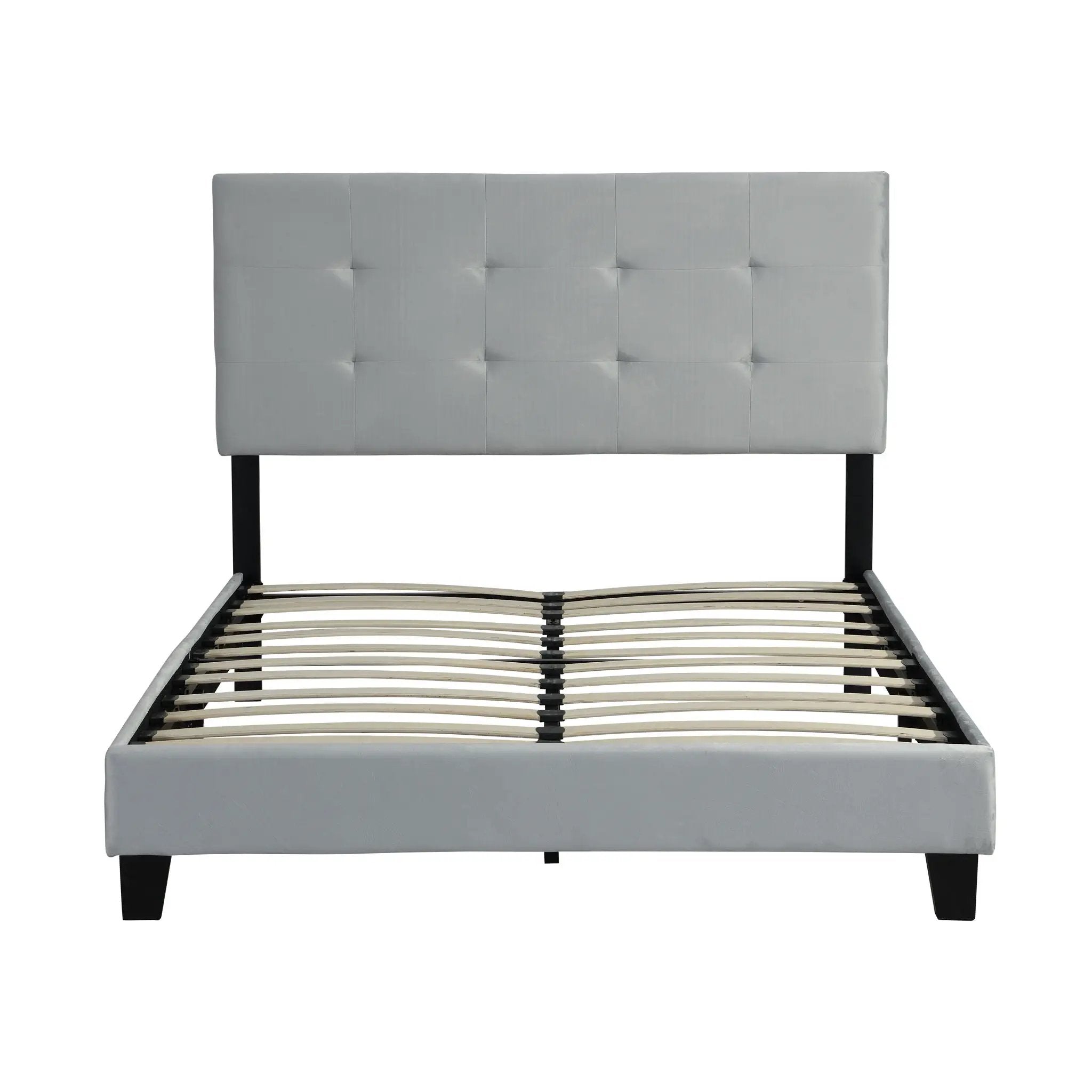 Queen Size Upholstered Platform Bed Frame With Pull Point Tufted Headboard, Strong Slat Support, Mattress Foundation, No Box Spring Needed - Gray by Unique Piece Furniture