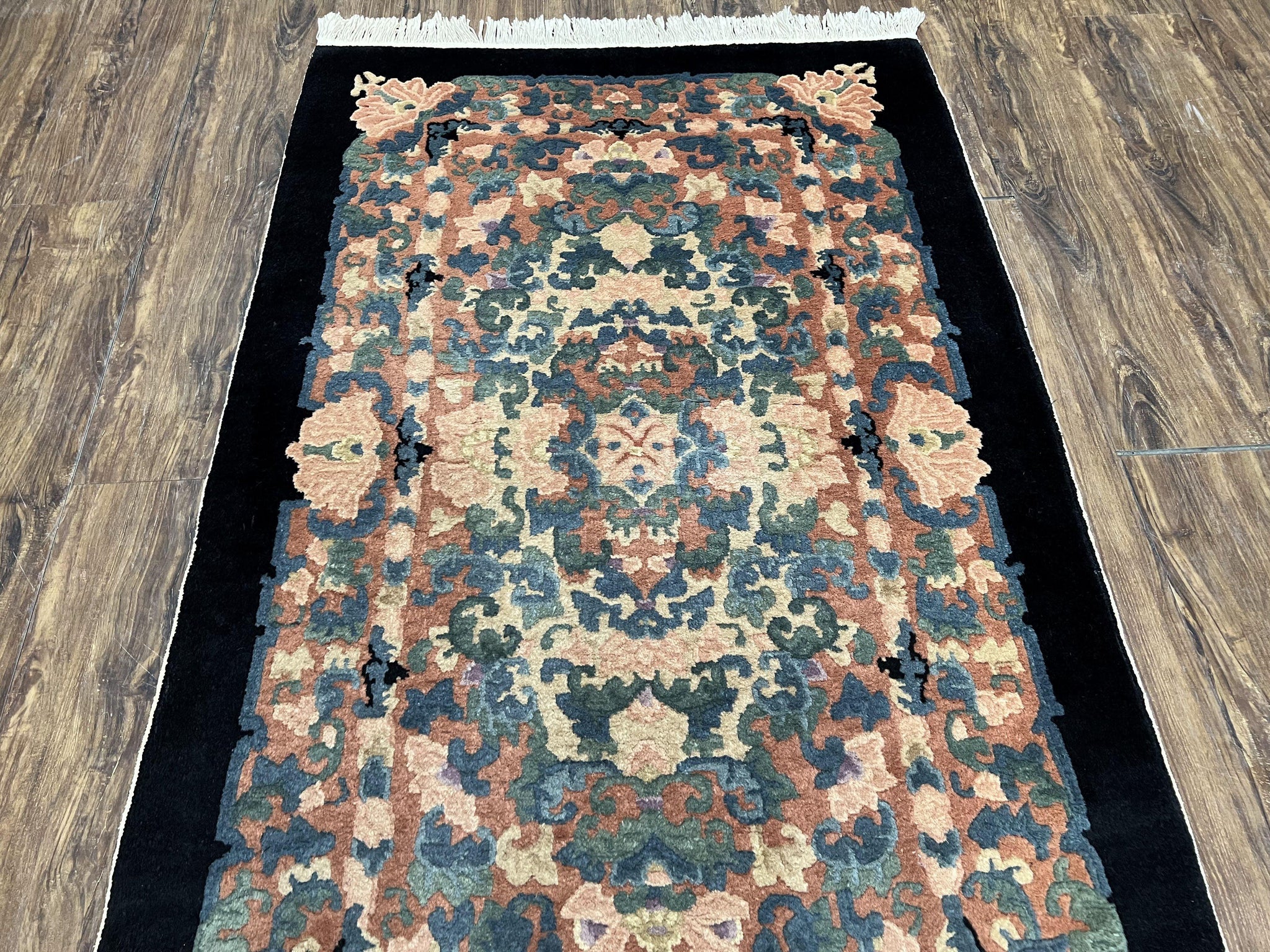 Chinese Art Deco Rug 3x5, Black and Beige Chinese Carpet 3 x 5, Vintage Rug, 1950s Rug, Floral Rug, Handmade Rug, Art Deco Rug, Wool Rug by Jewel Rugs