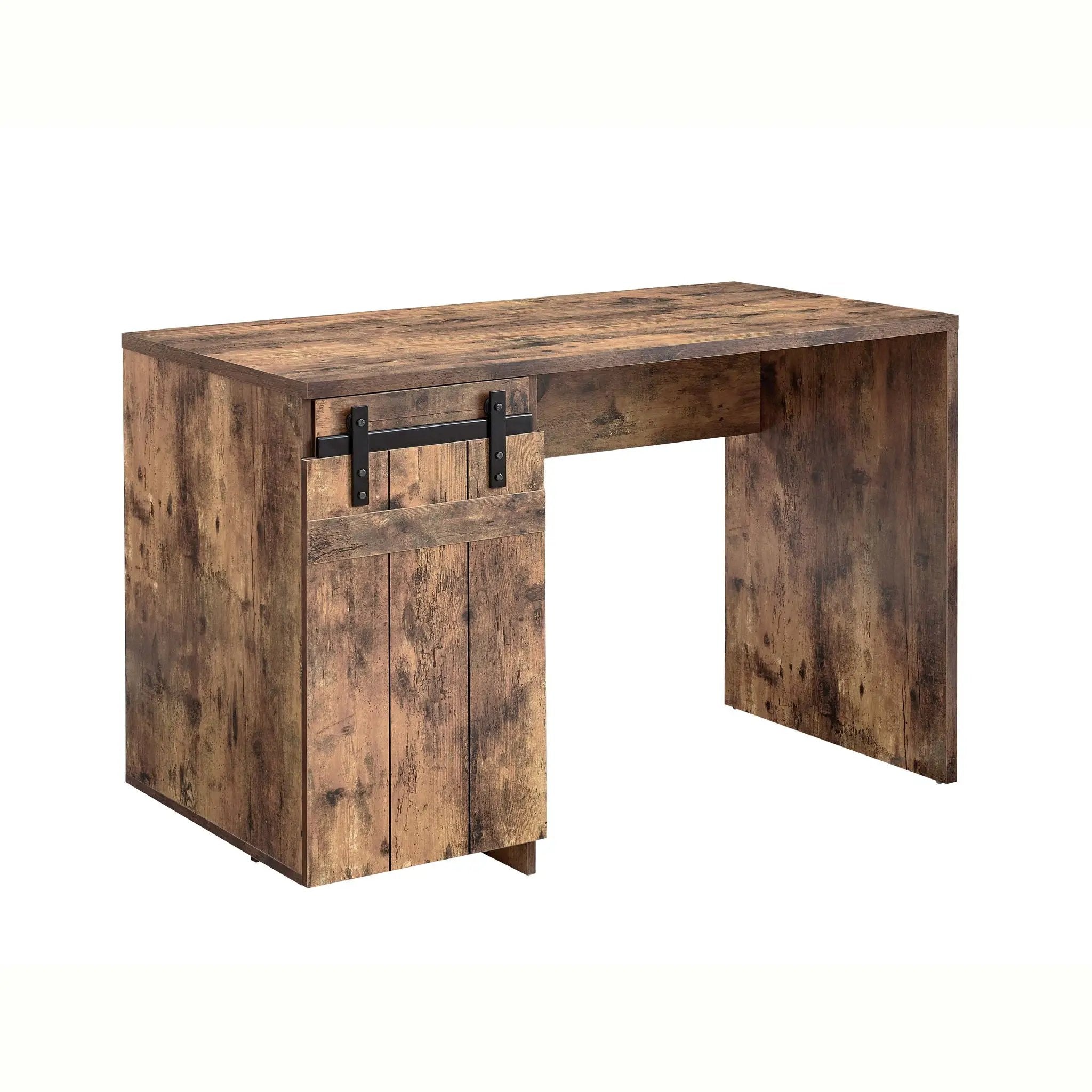 Home Office Desk One Cabinet Three Shelves Faux Barn Door On Metal Euro Hinges Modesty Panel - Distressed Wood by Unique Piece Furniture