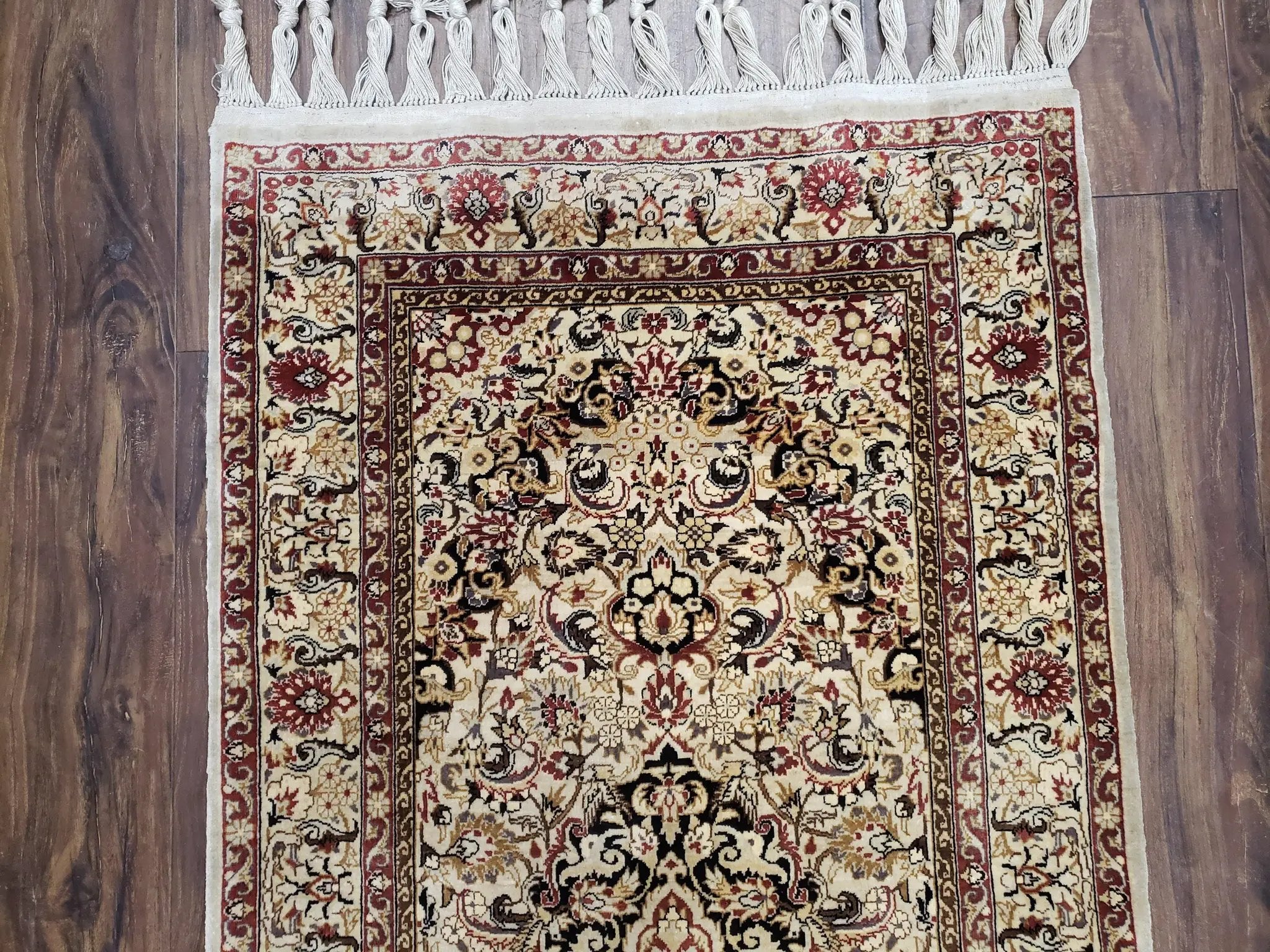 Silk Oriental Rug 1' 7" x 3', Very Fine Silk Carpet, Small Silk Rug, Traditional Floral Medallion, Hand-Knotted Cream Beige Vintage Silk Rug by Jewel Rugs