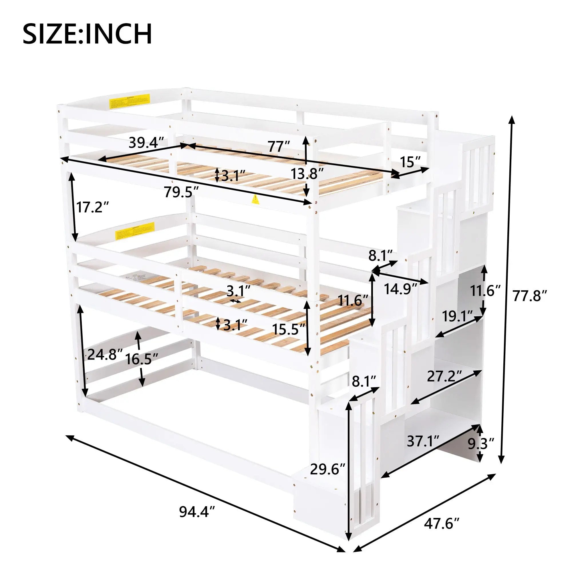 Twin Size Triple Bunk Bed With Storage Staircase, Separate Design - White by Unique Piece Furniture