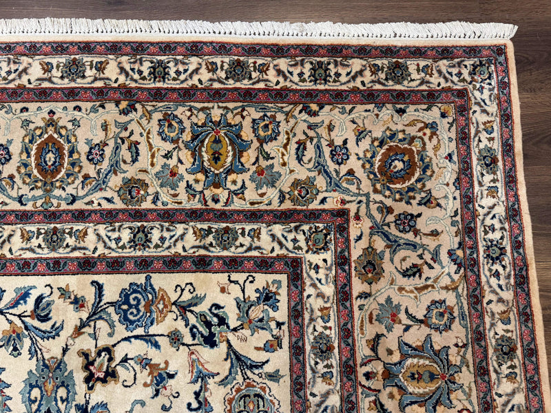 Persian Kashan Rug 10x14, Bone - Beige and Blue, Allover Pattern, Traditional Persian Carpet, Fine 260 KPSI by Jewel Rugs