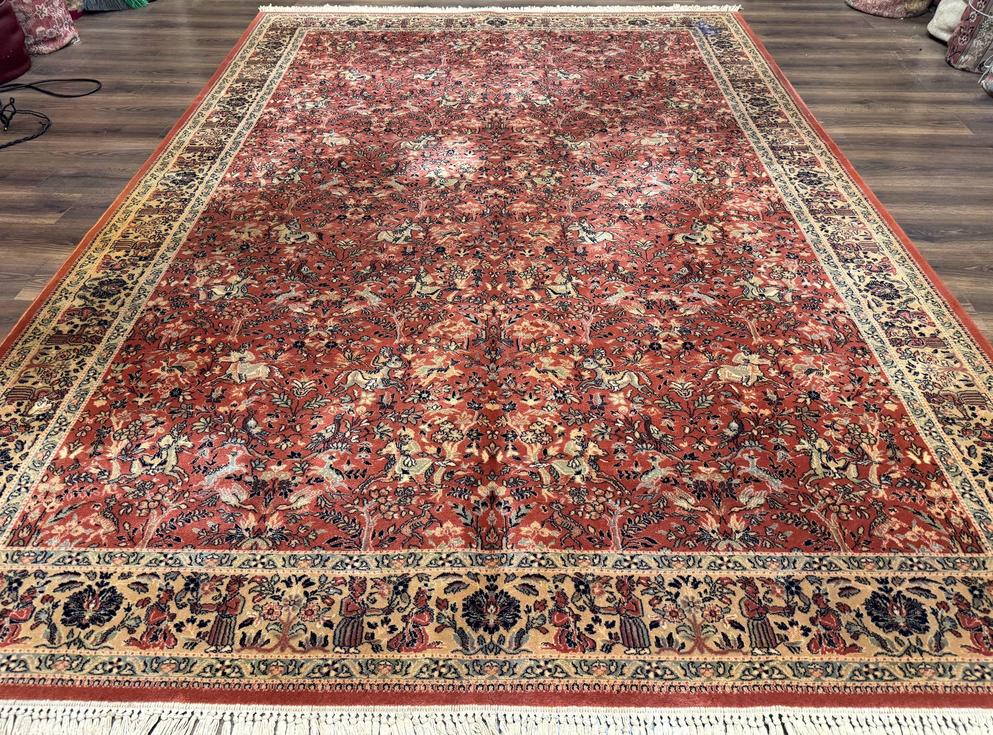 Persian Area Rug 8 x 11.6, Wool, Royal Hunting Scene, Vintage Couristan Rug, Red, Allover Pattern, Belgium Power Loomed by Jewel Rugs