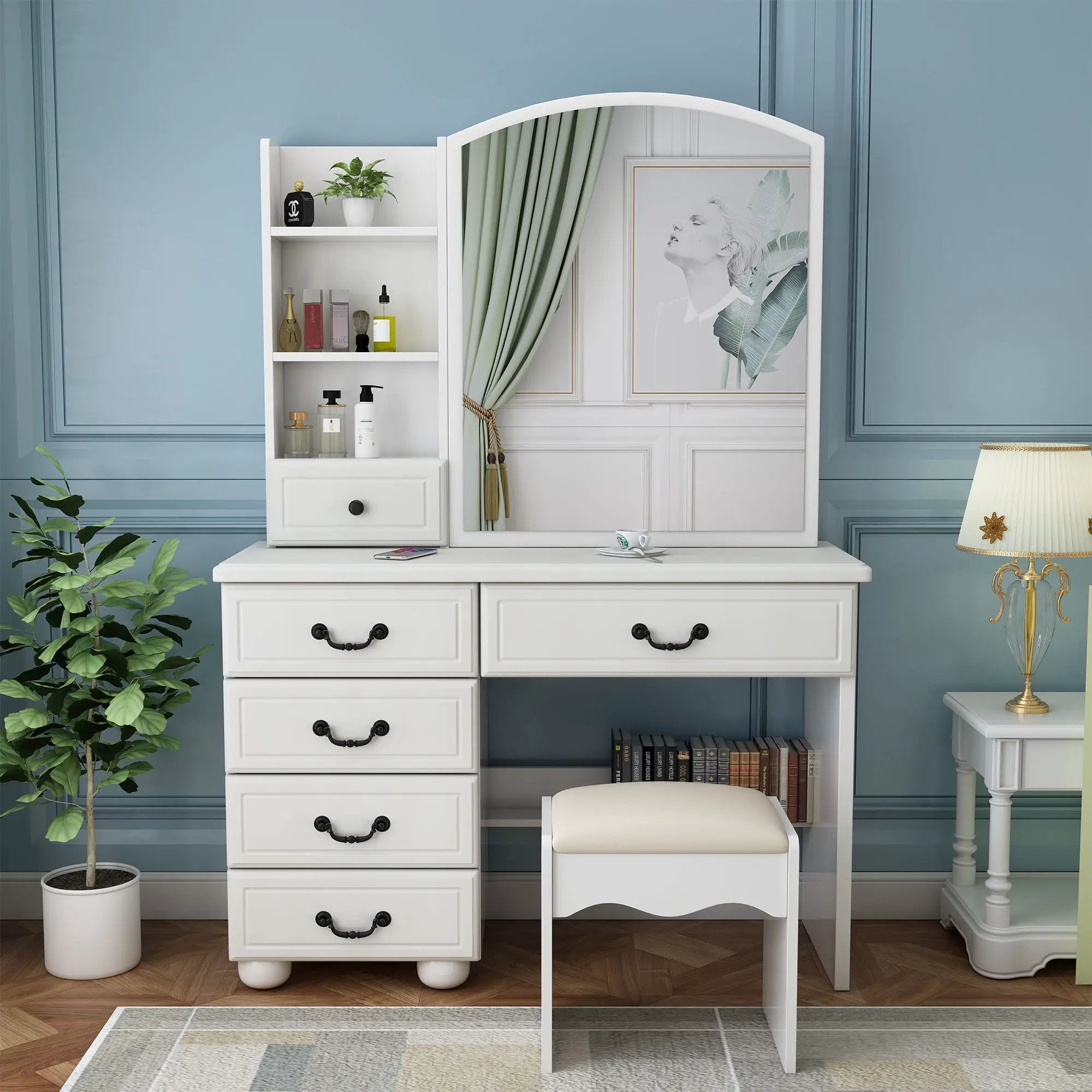 Fashion Vanity Desk With Mirror And Adjustable Lighting, 6 Drawers, 3 Color Light Modes - White by Unique Piece Furniture