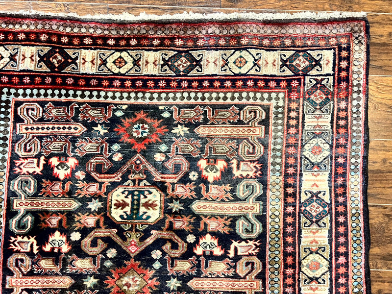 Persian Wide Runner Rug 4.8 x 10, Persian Kalegi Ardabil Rug, Perpedil Caucasian Rug, Antique Handmade Wool Carpet, Navy Blue Red, Tribal Rug by Jewel Rugs