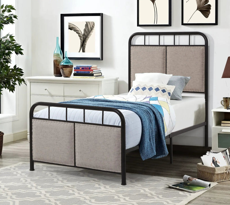 Twin Size Linen Upholstered Platform Metal Bed Frame With Fabric Headboard And Footboard - Brown by Unique Piece Furniture