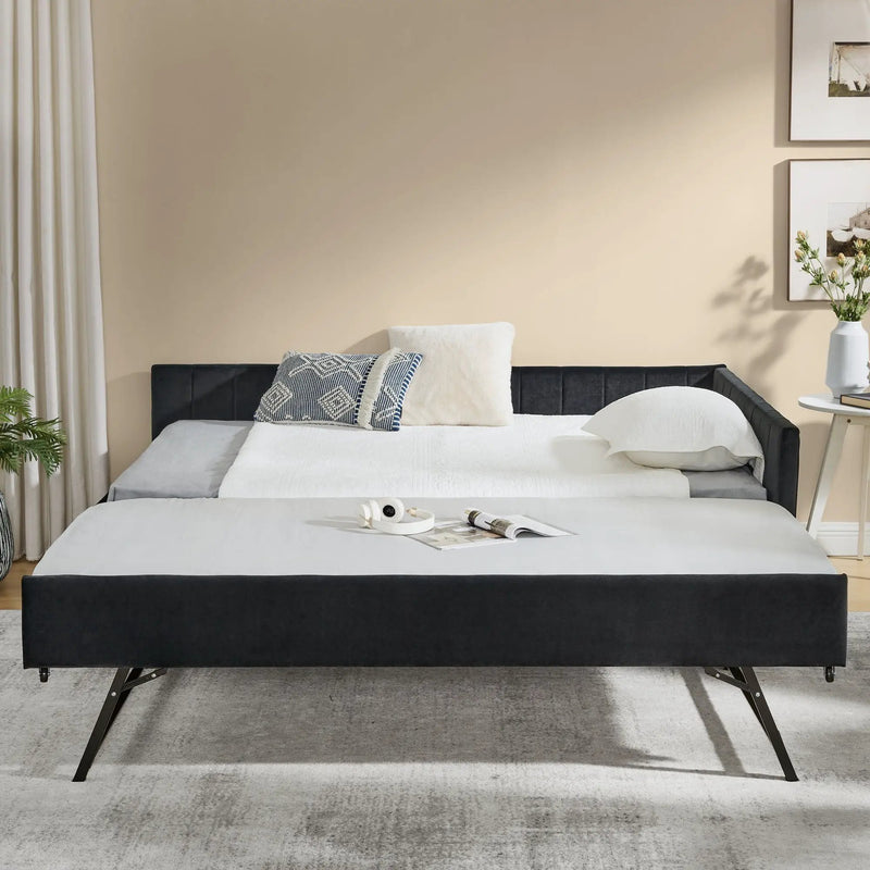 Full Size Upholstered Daybed With Trundle, Tufted Backrest And Armrests - Black