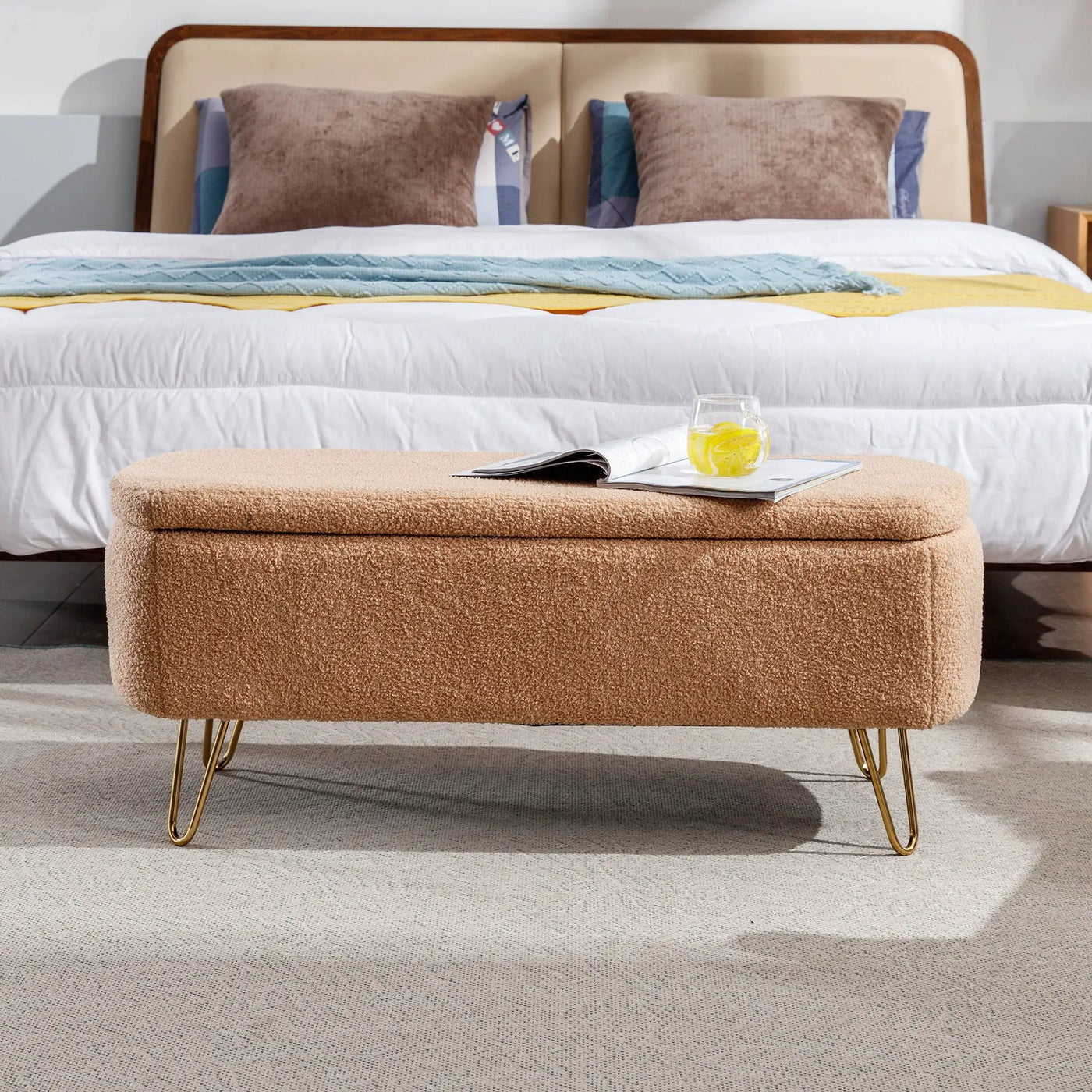 Storage Ottoman Bench For End Of Bed Legs, Modern Camel Faux Fur Entryway Bench Upholstered Padded With Storage For Living Room Bedroom by Unique Piece Furniture