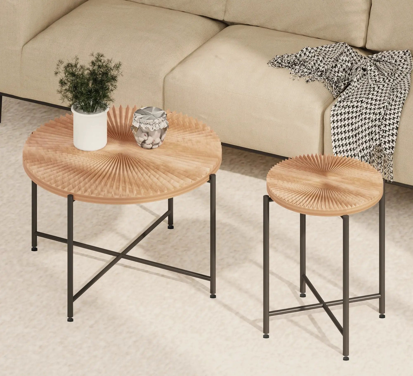 Radial - Pattern Coffee And End Table Set Waterproof Cover, Distressed Cylindrical Design (Set of 2) by Unique Piece Furniture